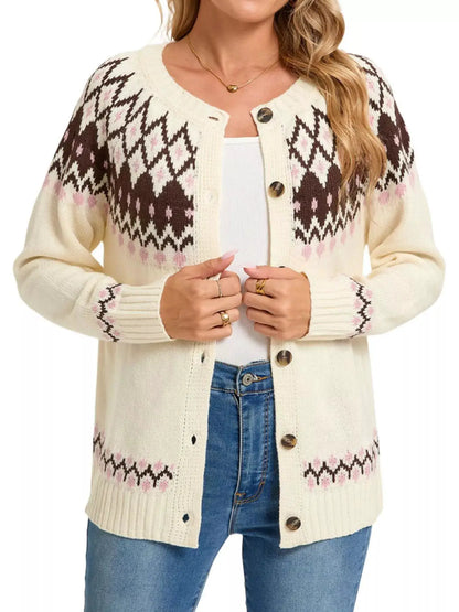 Fair Isle Patterned Button-Down Knit Cardigan by Trendsi