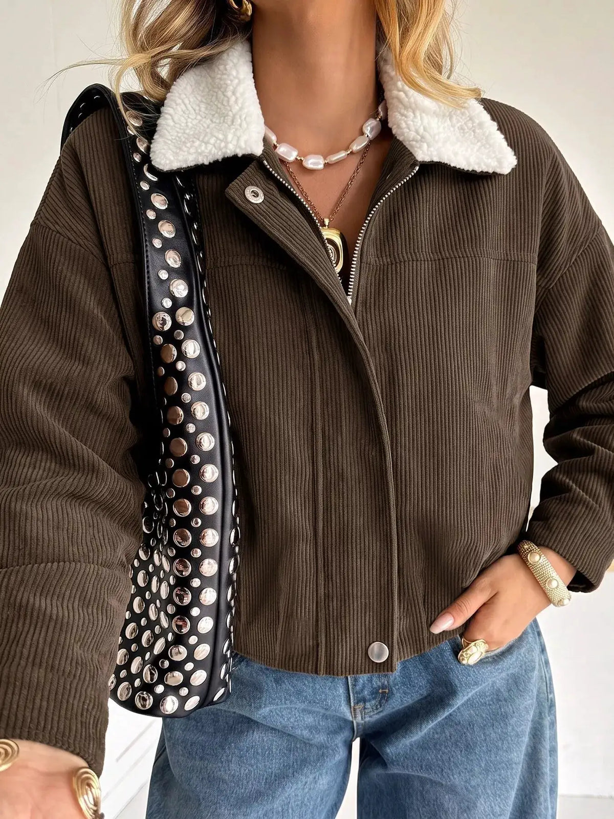 Contrast Sherpa Collar Corduroy Zip Up Jacket by Trendsi