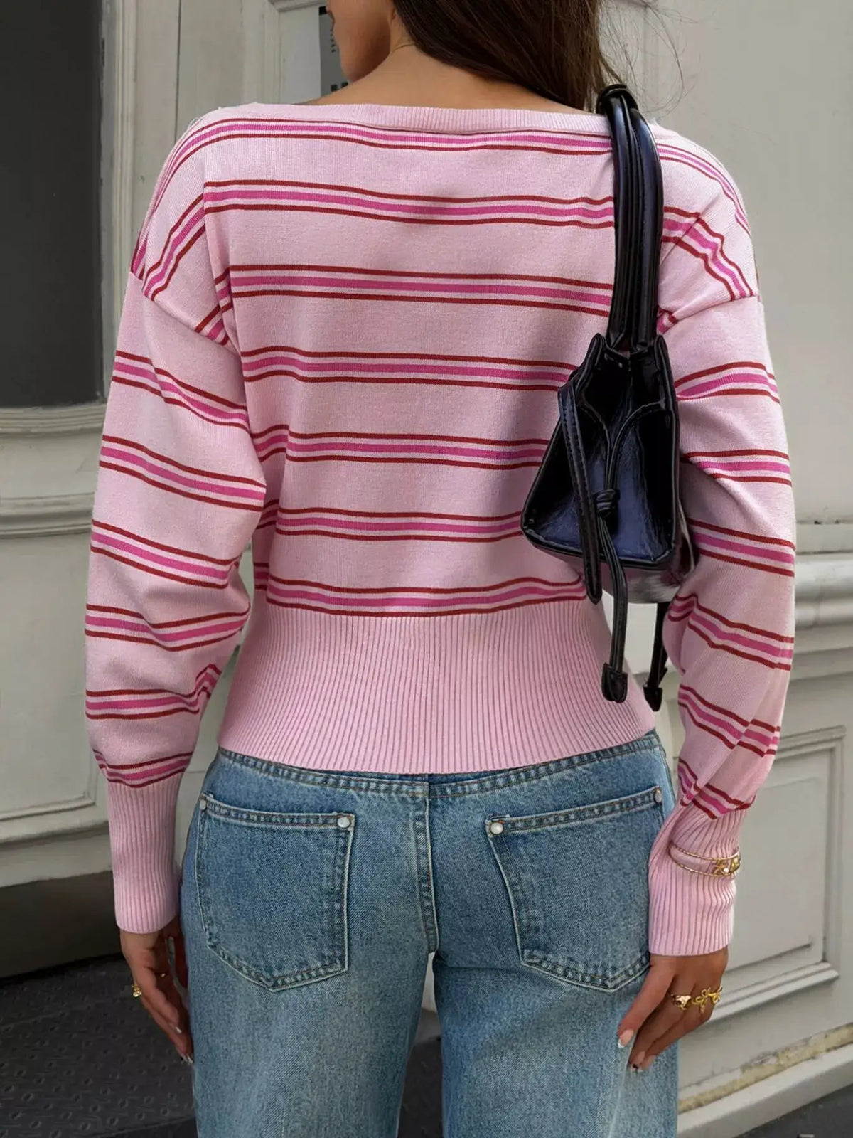 Off-Shoulder Striped Knit Top by Trendsi
