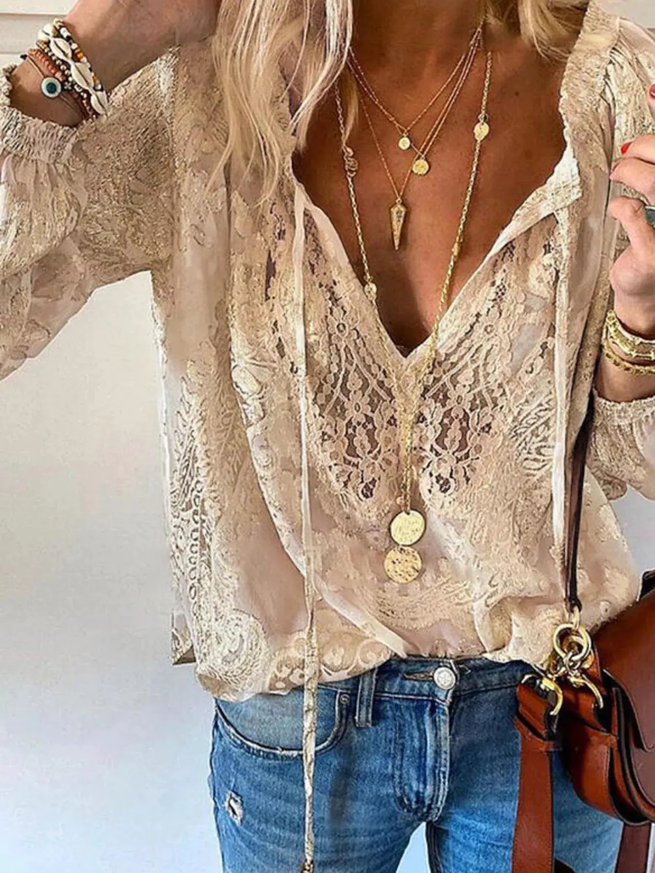 Lace Tie Neck Long Sleeve Blouse by Trendsi