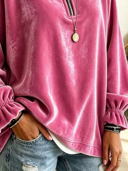 Velvet Quarter-Zip Sweatshirt with Ruffled Cuffs by Trendsi