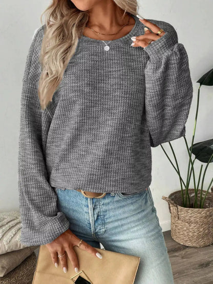Space-Dyed Long Sleeve Waffle-Knit Top by Trendsi