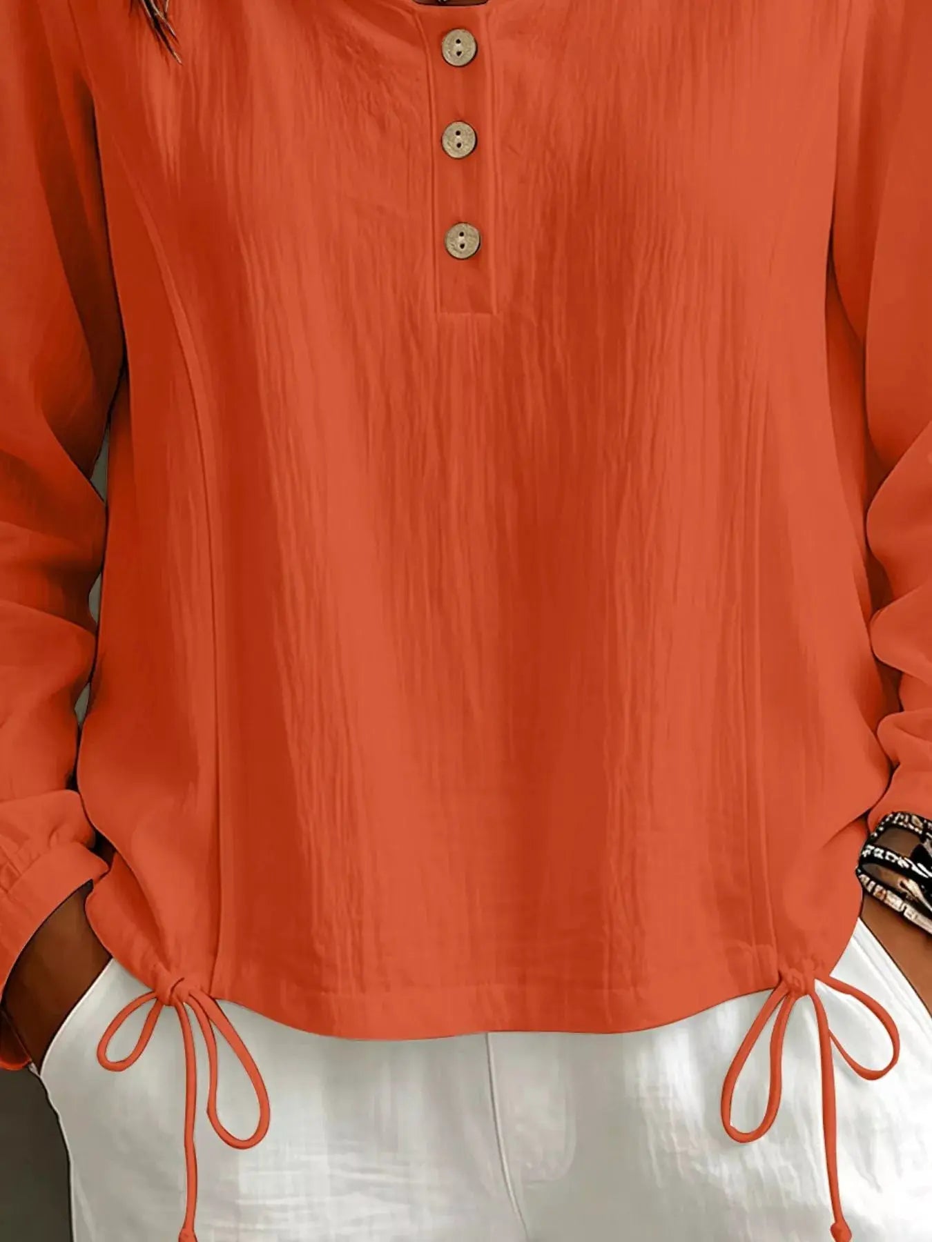 Button Detail Long Sleeve Hooded Blouse by Trendsi