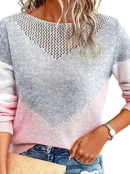 Openwork Color Block Long Sleeve Sweater by Trendsi