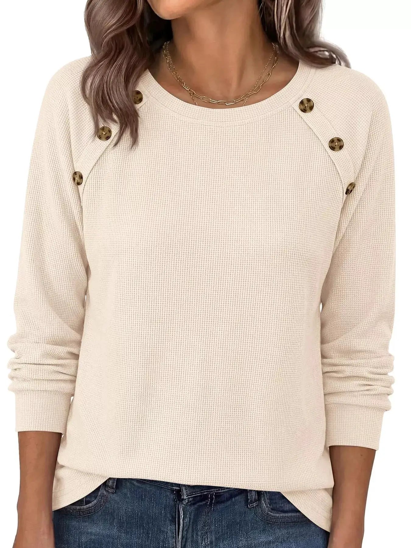 Decorative Button Waffle Knit Long Sleeve T-Shirt by Trendsi