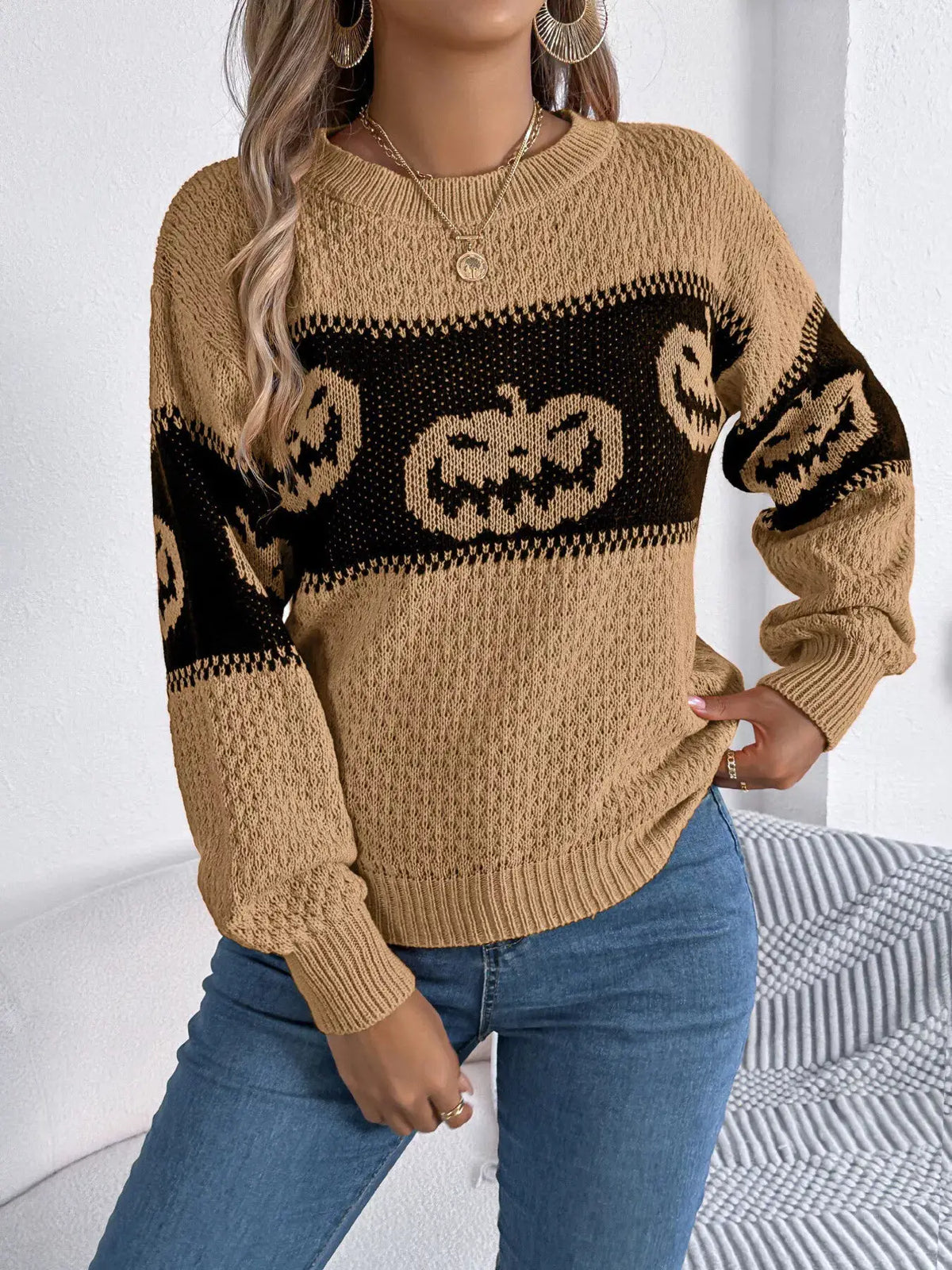 Halloween Pumpkin Pattern Round Neck Sweater by Trendsi
