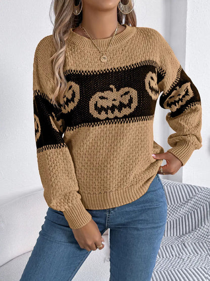 Halloween Pumpkin Pattern Round Neck Sweater by Trendsi