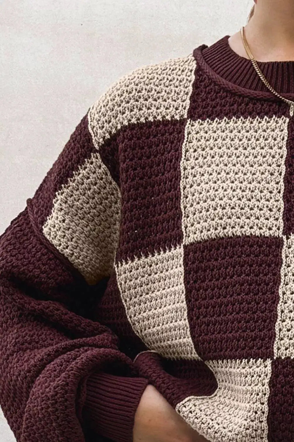 Checkerboard Dropped Shoulder Sweater by Trendsi