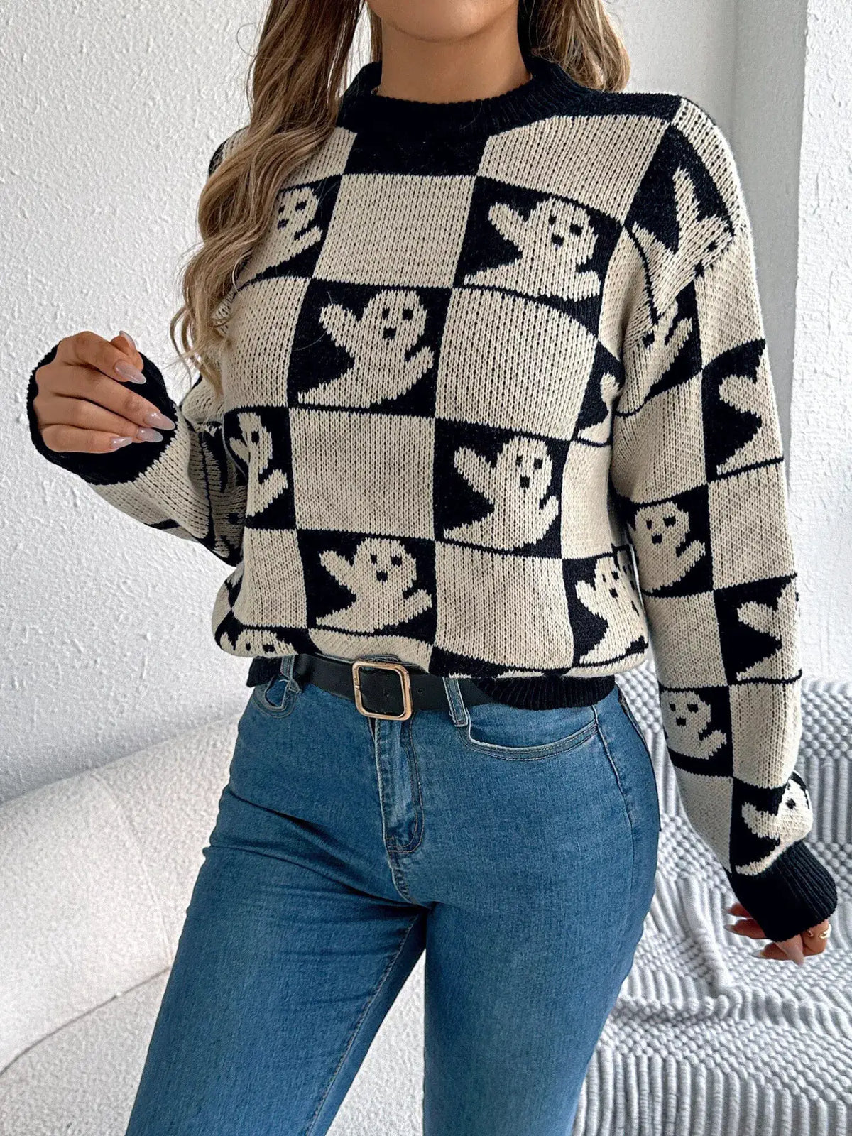 Checkerboard Halloween Graphic Sweater by Trendsi