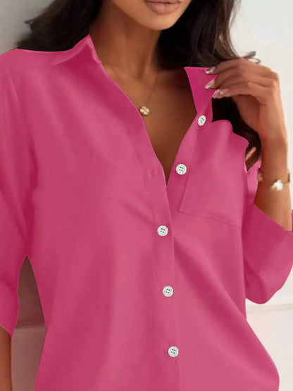 Button-Down Roll-Up Sleeve Shirt by Trendsi
