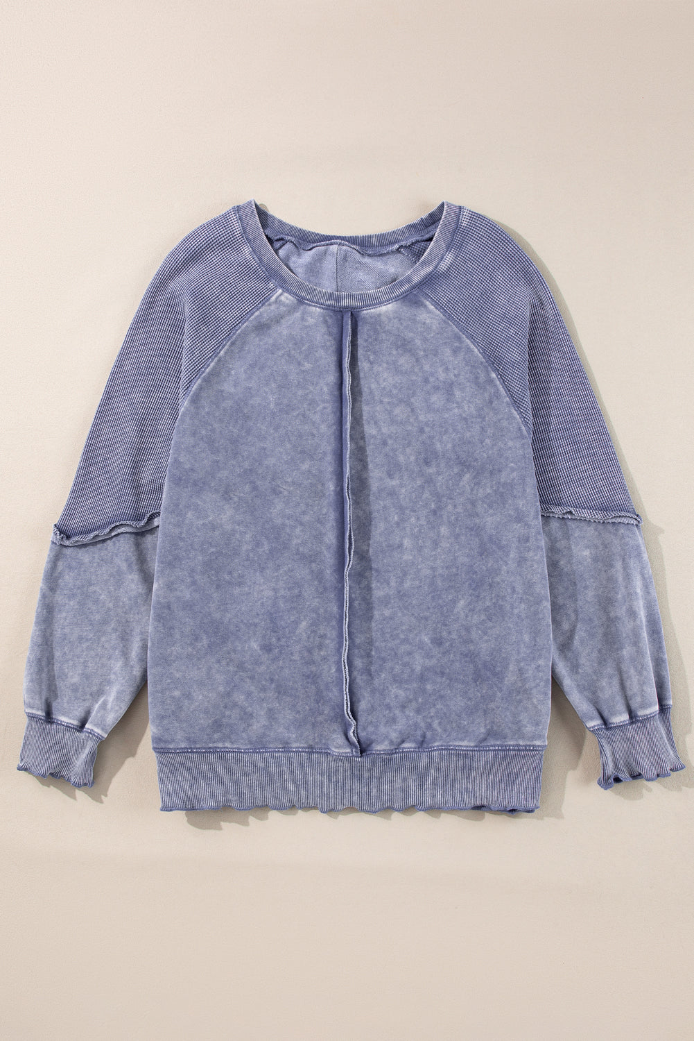 Orchid Petal Solid Waffle Knit Patchwork Raglan Sleeve Sweatshirt