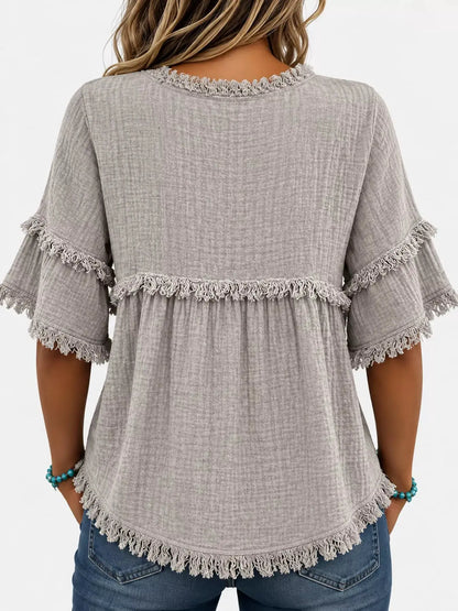 Full Size Frayed Edge Textured Blouse Plus Size by Trendsi