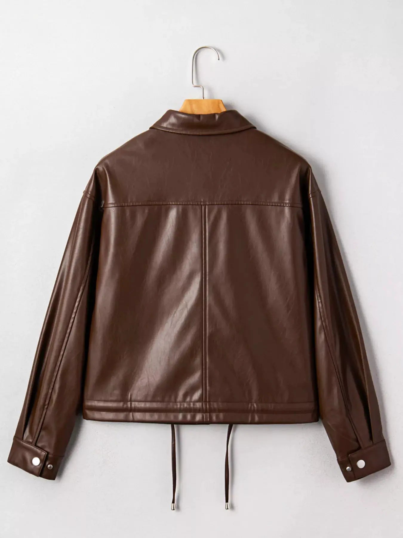 Double Flap Pocket Drawstring Hem Leather Jacket by Trendsi