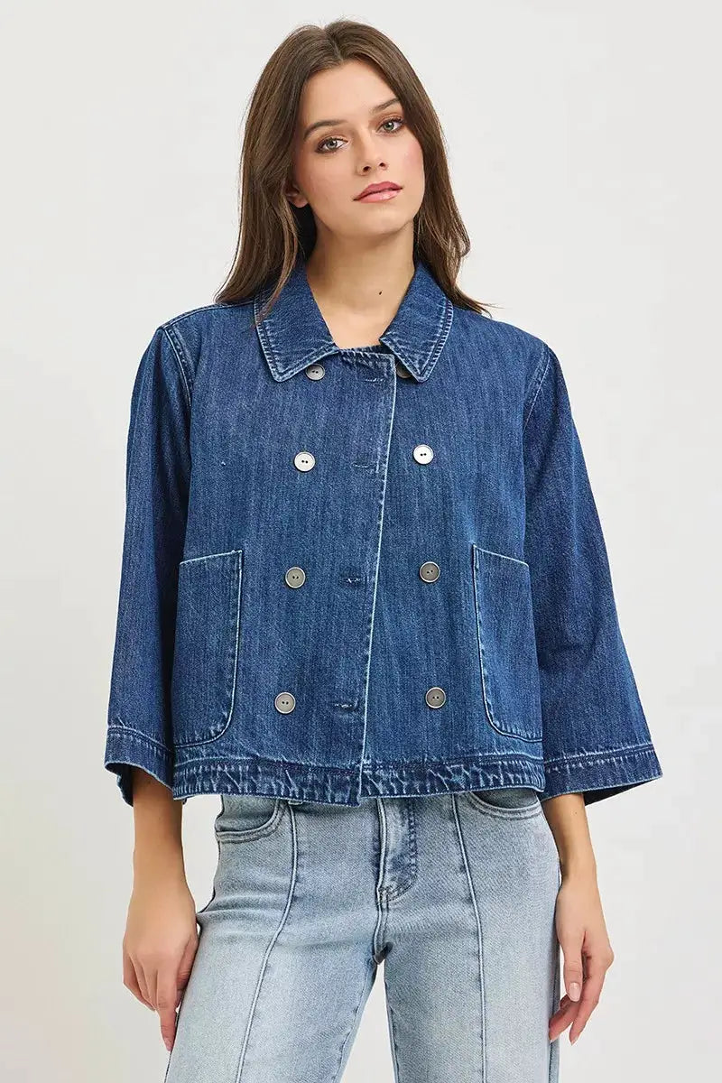 RISEN Double-Breasted Flowy Cropped Denim Jacket by Trendsi