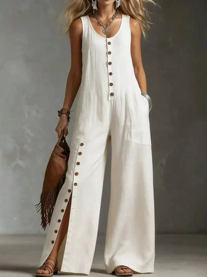 Full Size Sleeveless Button-Down Wide-Leg Jumpsuit Plus Size by Trendsi