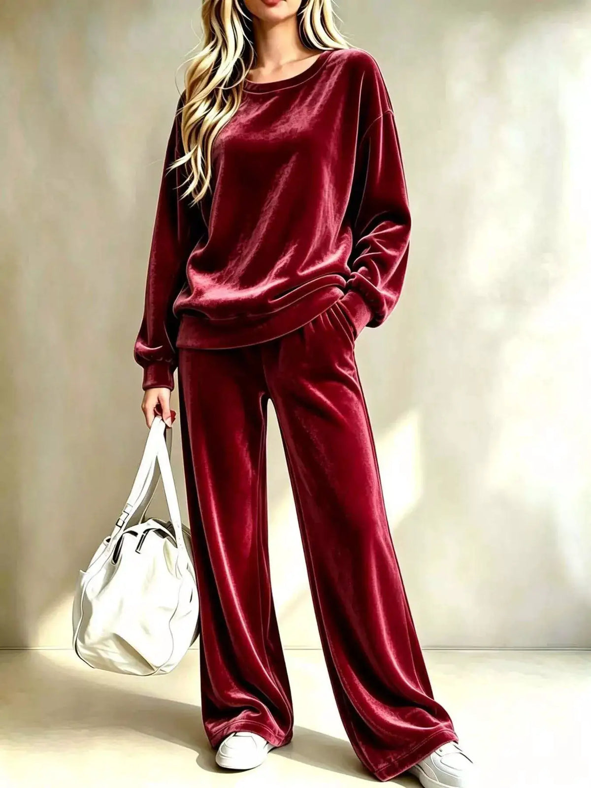Full Size Velvet Dropped Shoulder Top and Wide-Leg Pants Set Plus Size by Trendsi