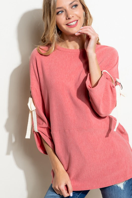 SOLID BRUSHED TERRY ROLL UP SLEEVE CASUAL TOP