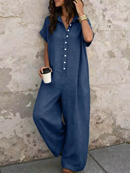 Button Front Short Sleeve Jumpsuit by Trendsi