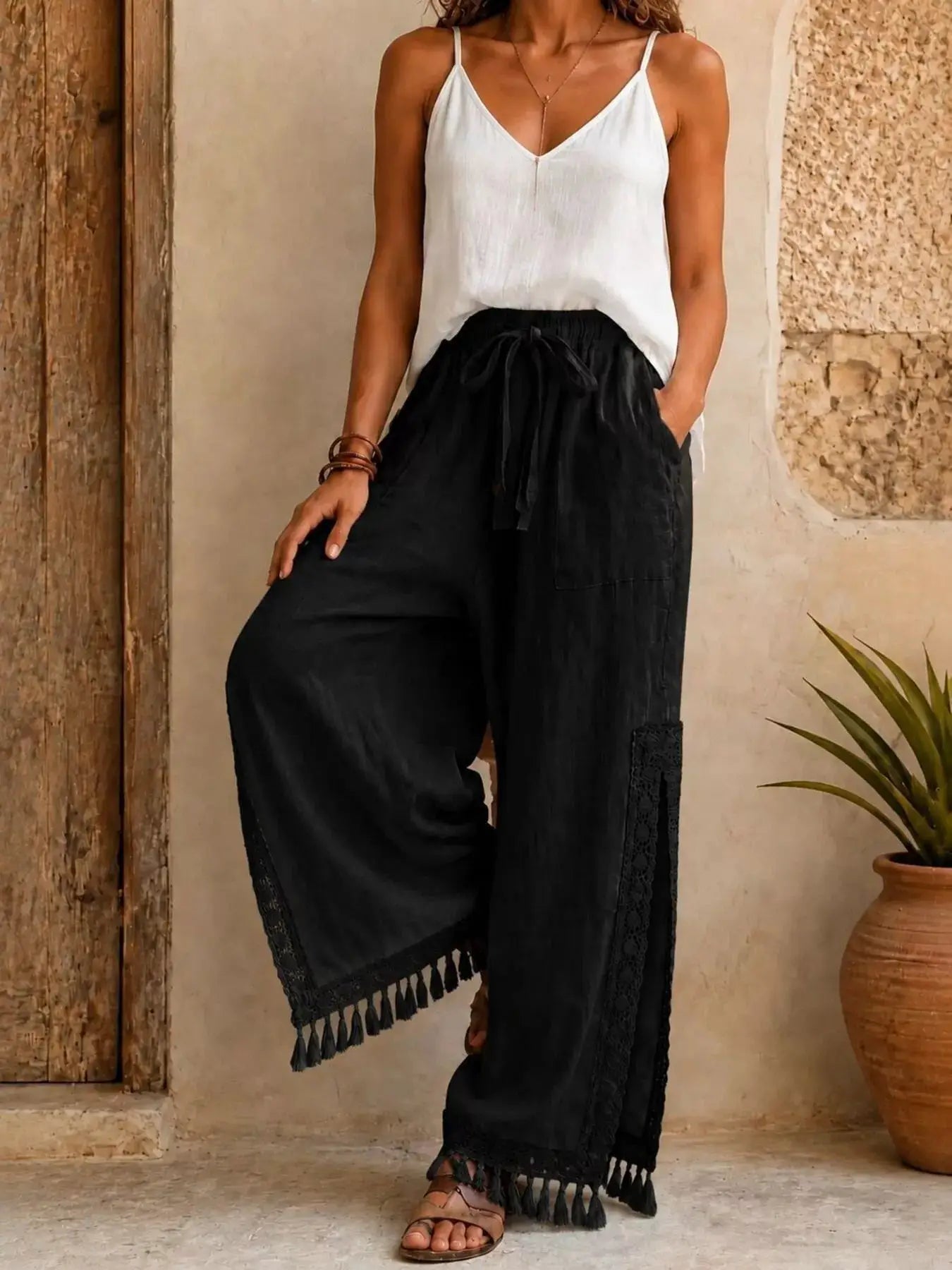 Lace Detail Slit Wide Leg Pants by Trendsi