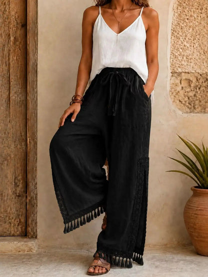 Lace Detail Slit Wide Leg Pants by Trendsi