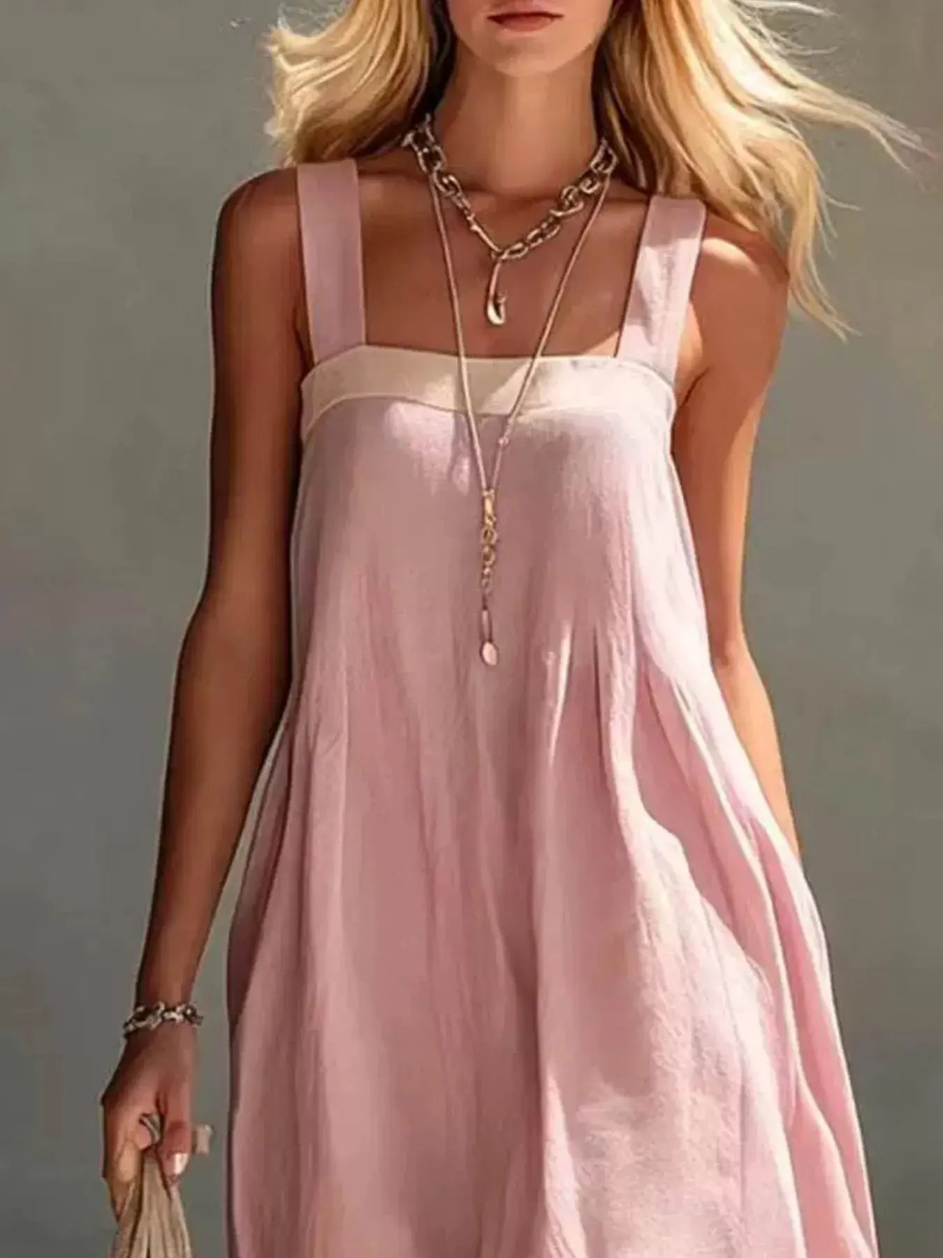 Color-Block Sleeveless Linen-Blend Midi Dress by Trendsi