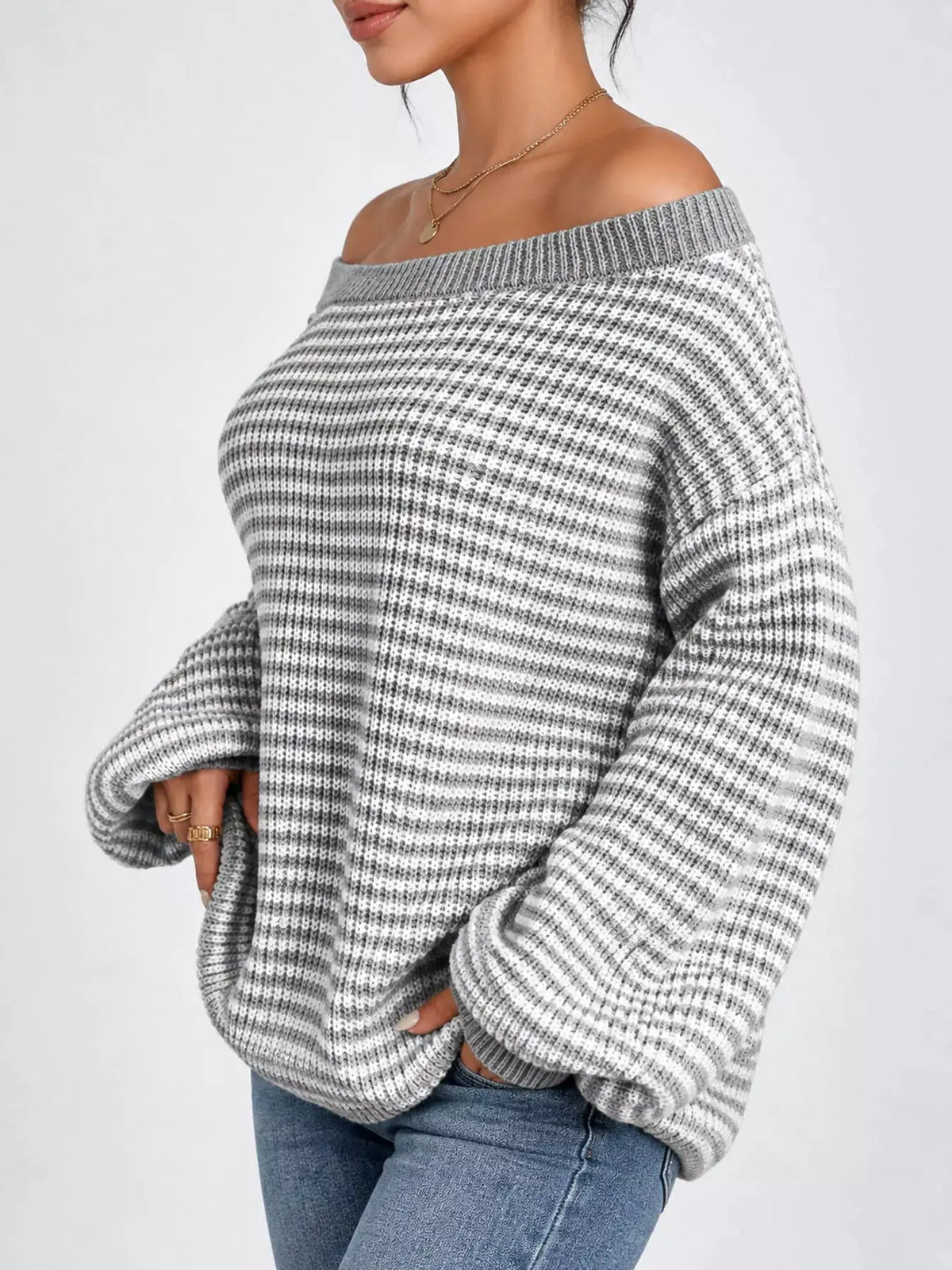Striped Knit Boat Neck Sweater by Trendsi