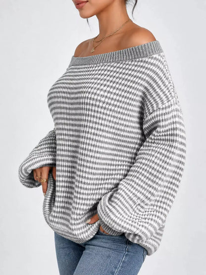 Striped Knit Boat Neck Sweater by Trendsi