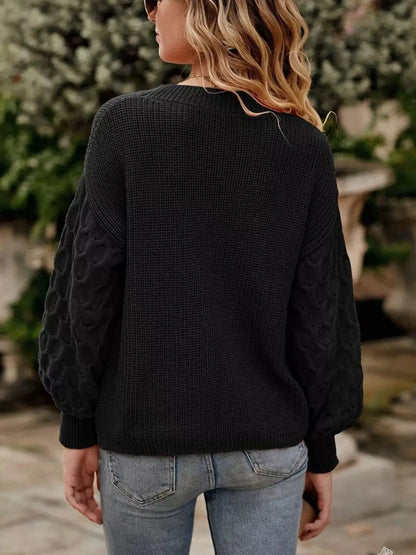 Textured Sleeve Round Neck Sweater by Trendsi