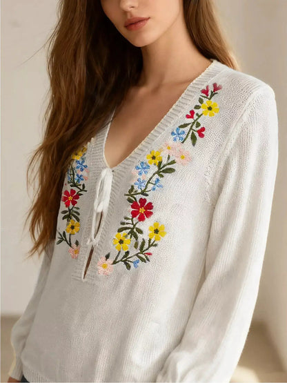 Floral Embroidered V-Neck Sweater by Trendsi