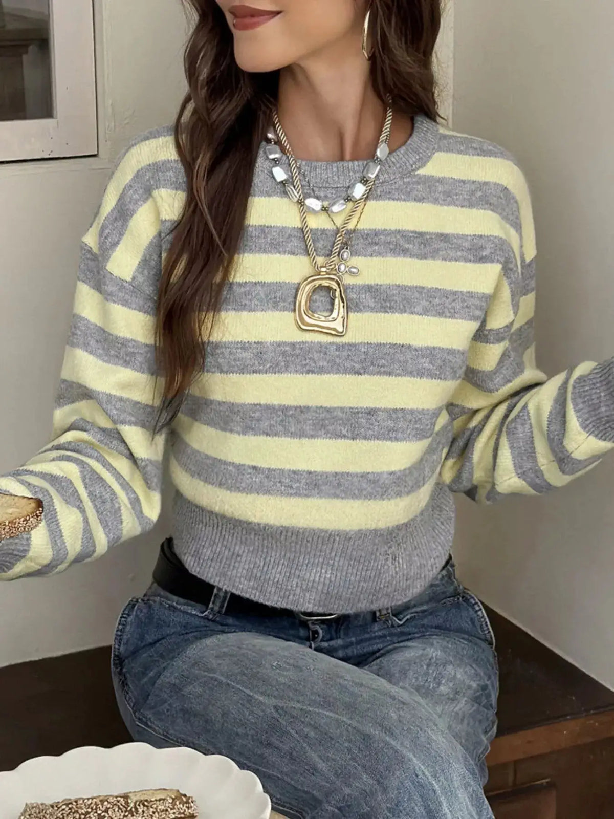 Casual Striped Cropped Sweater by Trendsi