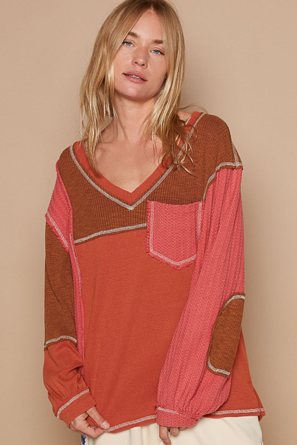 V-Neck Knit Panel Exposed Seam Top