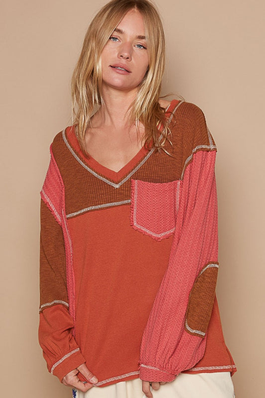 V-Neck Knit Panel Exposed Seam Top