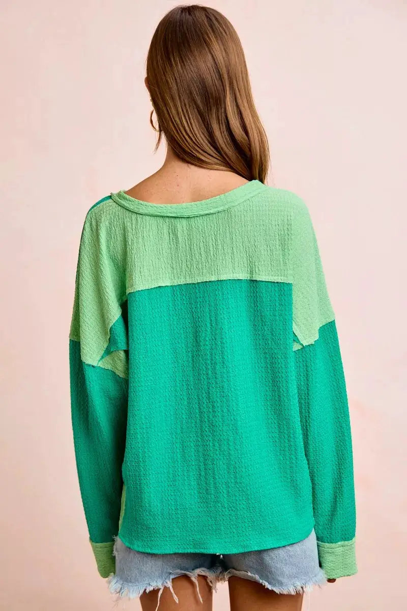 BiBi Textured Jersey Color Block Top With Cut Edge by Trendsi
