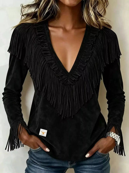 Fringed V-Neck Blouse by Trendsi