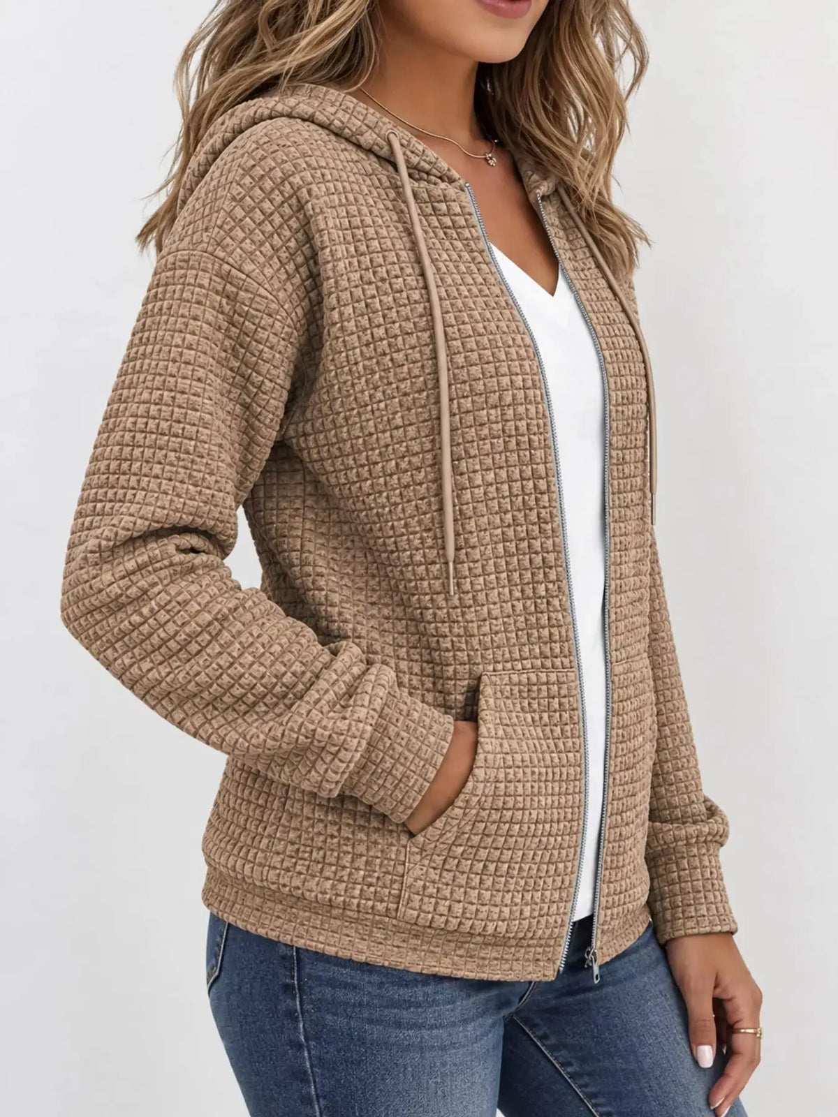 Waffle Knit Zip-Up Hoodie with Drawstring and Pockets by Trendsi