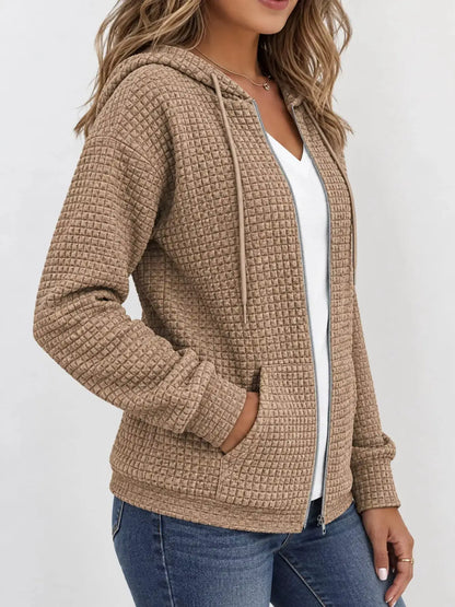 Waffle Knit Zip-Up Hoodie with Drawstring and Pockets by Trendsi
