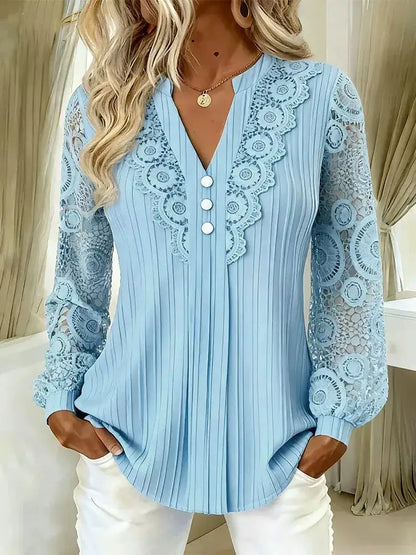 Lace Long Sleeve Notched Blouse by Trendsi