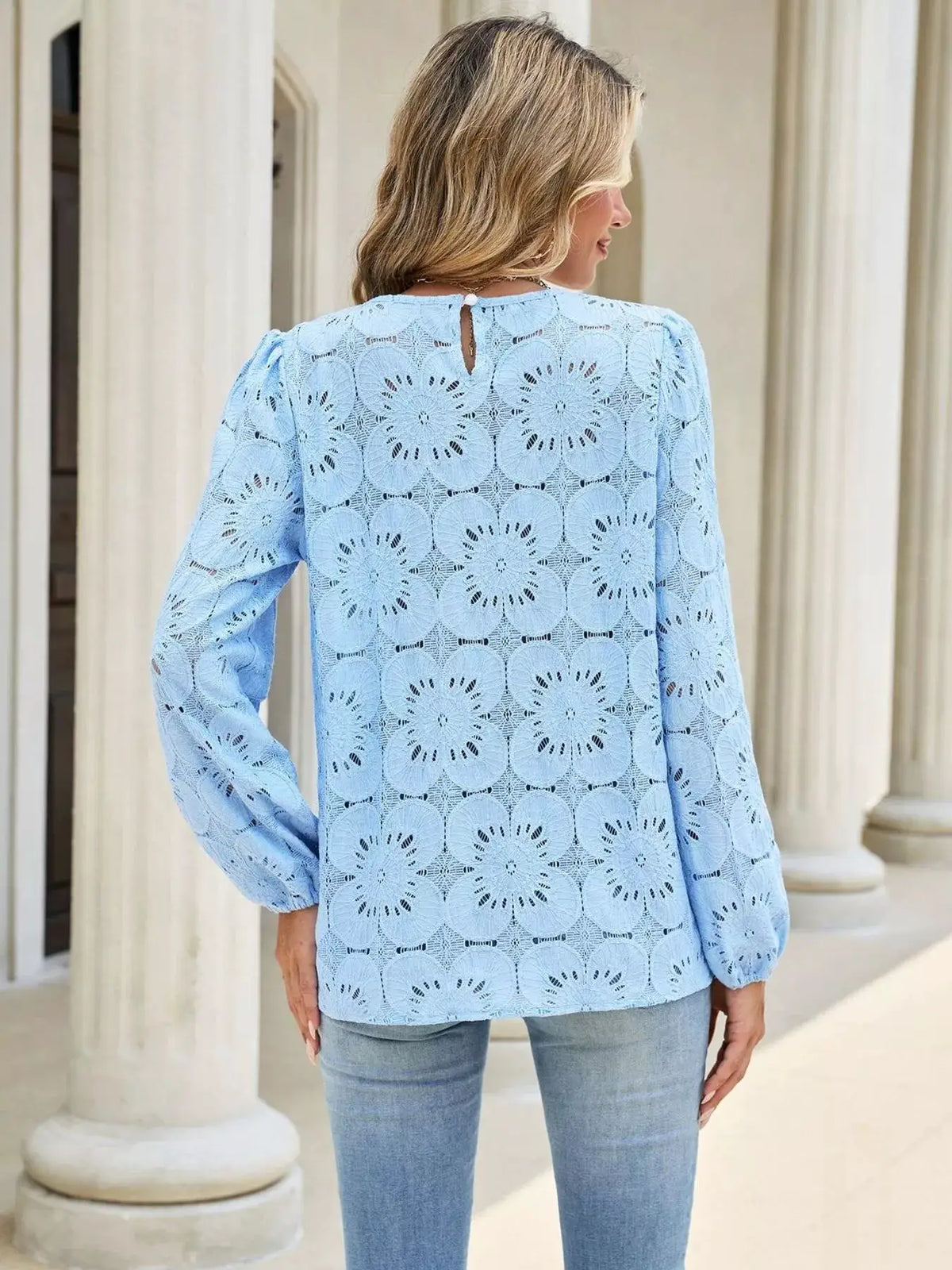Floral Eyelet Lace Long Sleeve Blouse by Trendsi