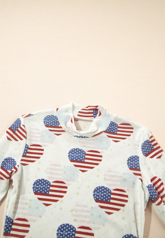 US Flag Heart Mock Neck Long Sleeve Bodysuit