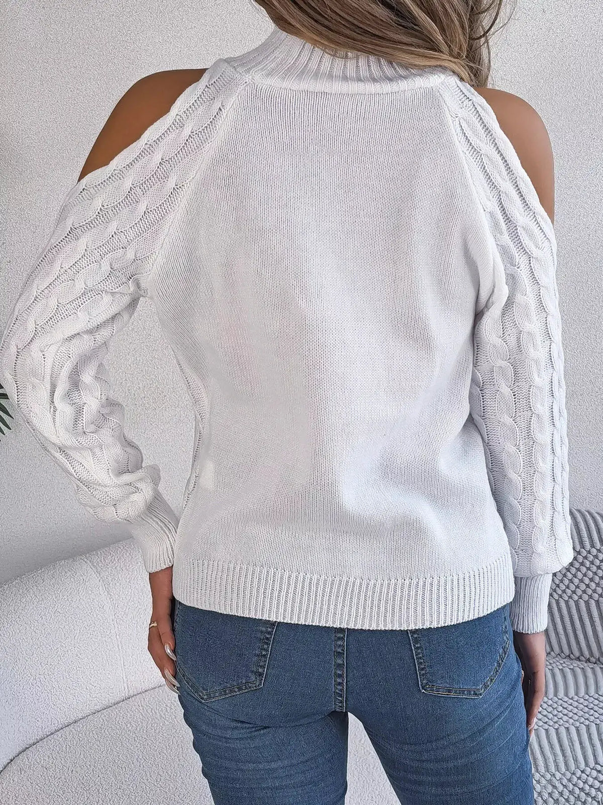 Cold-Shoulder Cable Knit Sweater by Trendsi