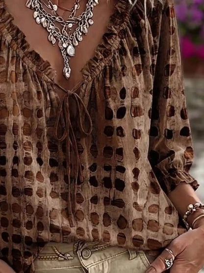 Full Size Tie Neck 3/4 Sleeve Blouse Plus Size by Trendsi