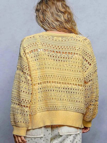 POL Open-Knit Floral Button Cardigan by Trendsi