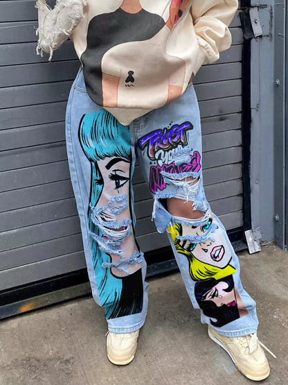 Full Size Pop Art Graphic Distressed Wide-Leg Jeans Plus Size by Trendsi