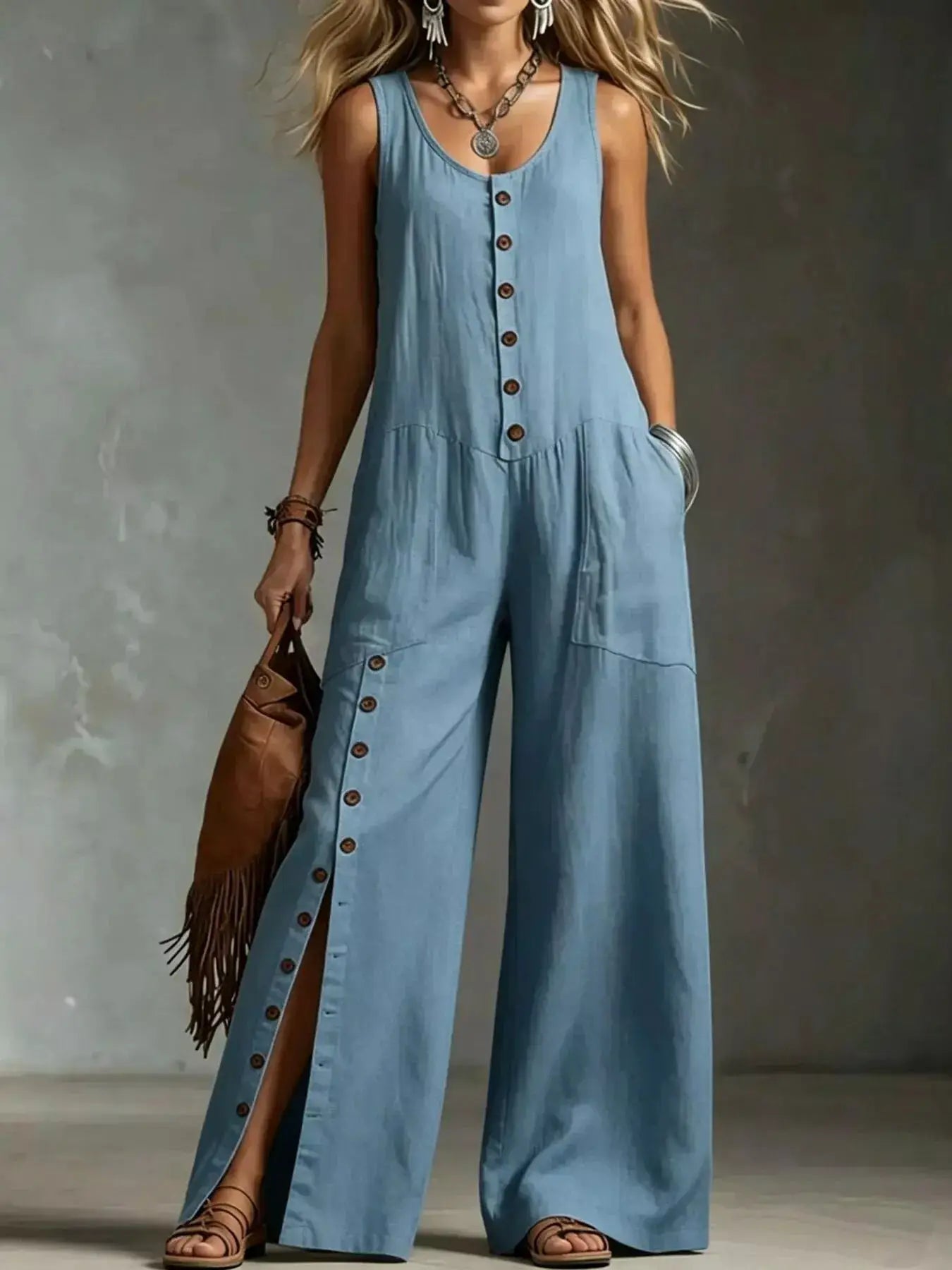Full Size Sleeveless Button-Down Wide-Leg Jumpsuit Plus Size by Trendsi
