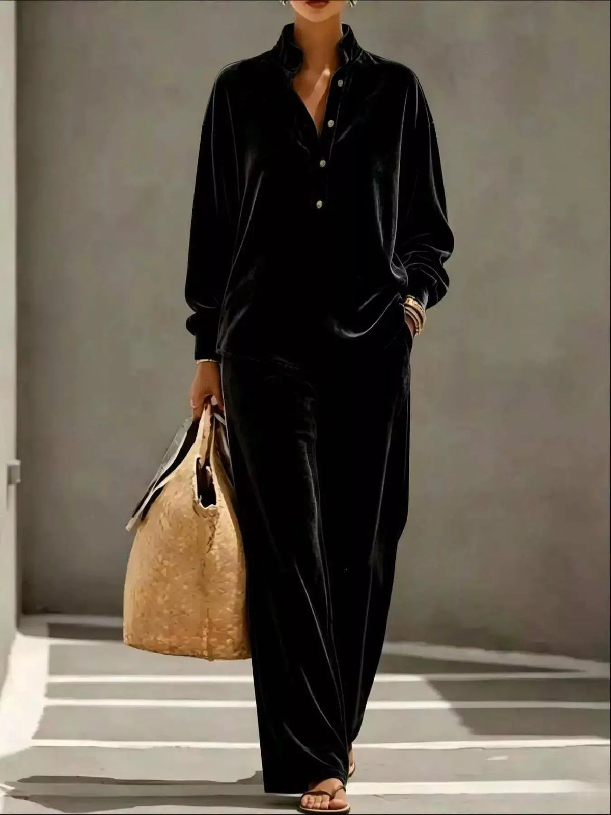 Full Size Half Button Top and Wide Leg Pants Set Plus Size by Trendsi
