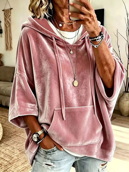 Full Size Velvet 3/4 Sleeve Hoodie with Kangaroo Pocket Plus Size by Trendsi