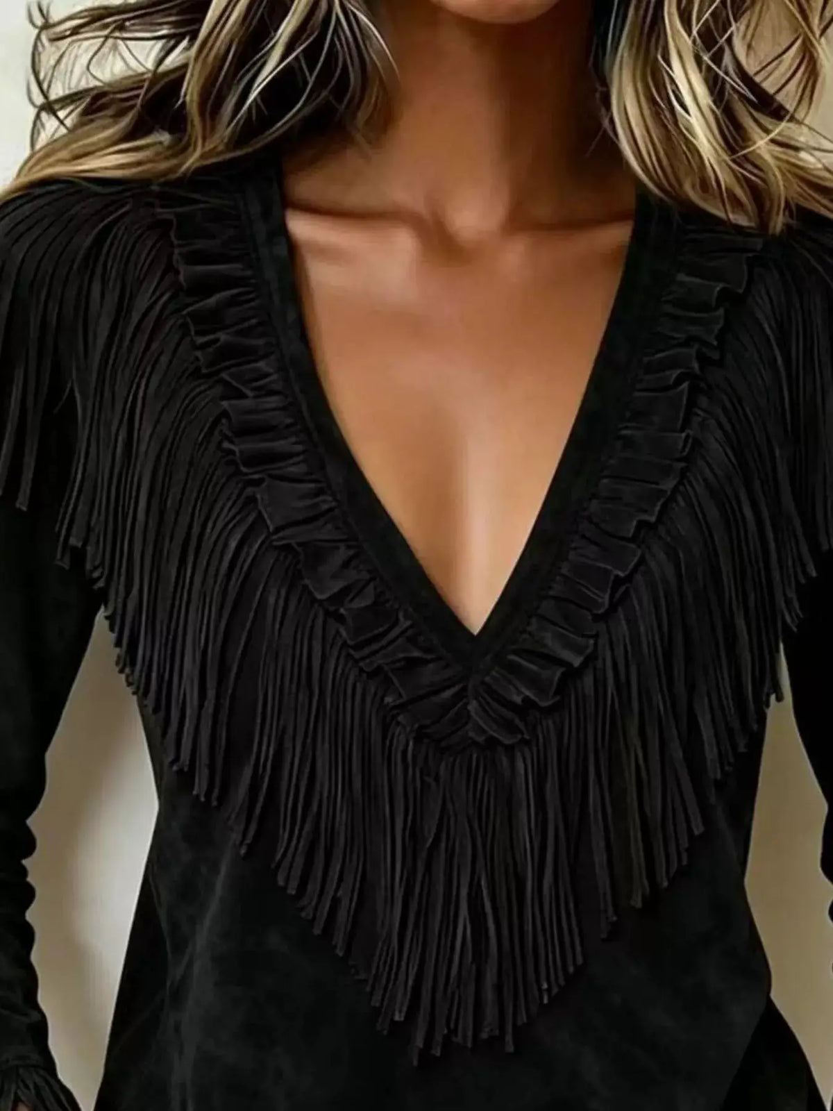 Fringed V-Neck Blouse by Trendsi