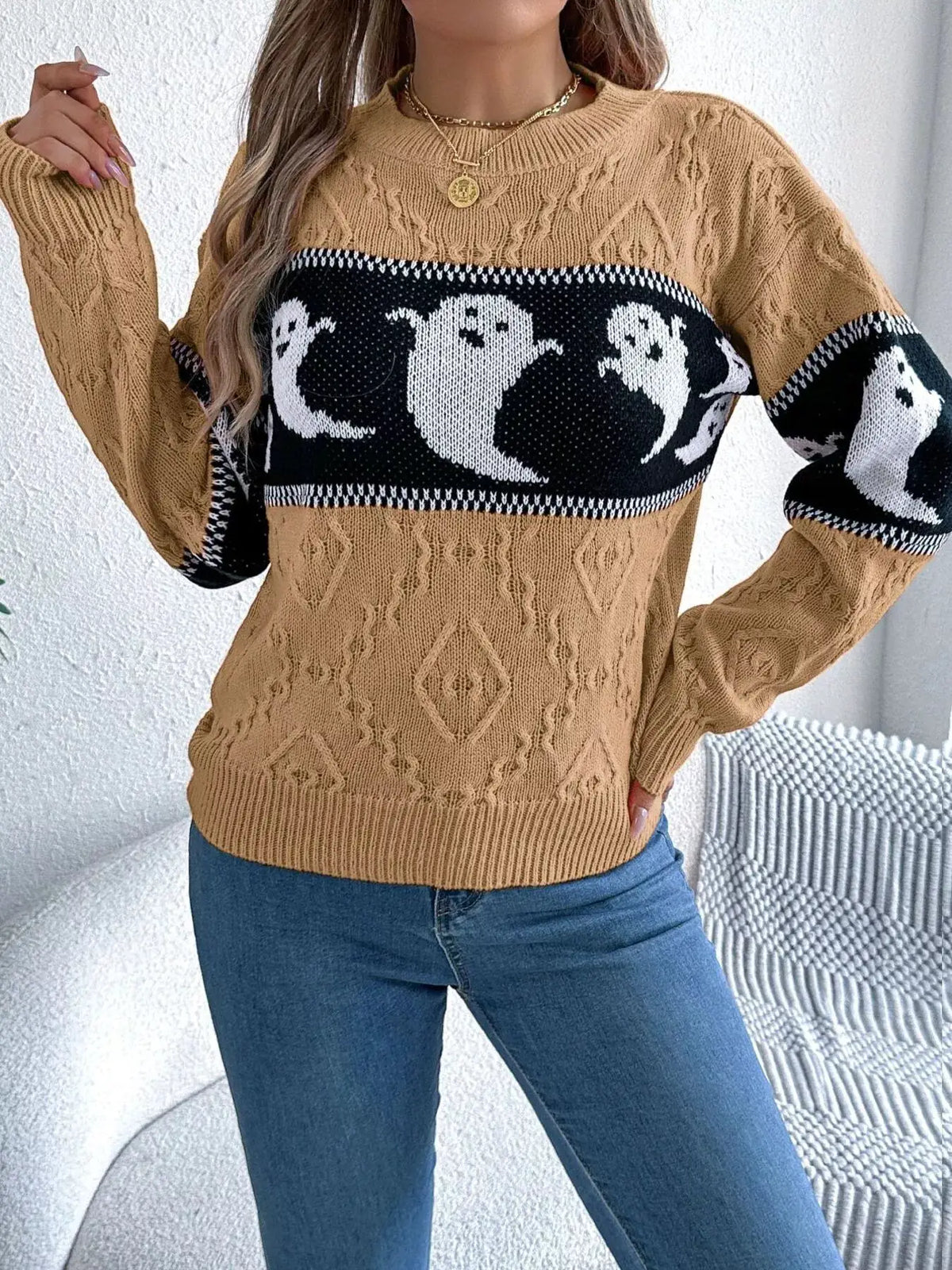 Halloween Ghost Pattern Textured Sweater by Trendsi