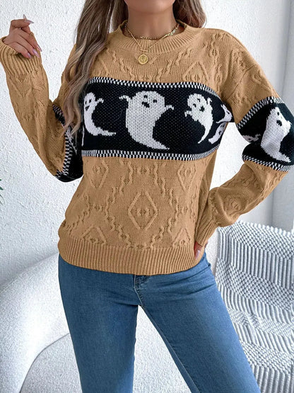 Halloween Ghost Pattern Textured Sweater by Trendsi