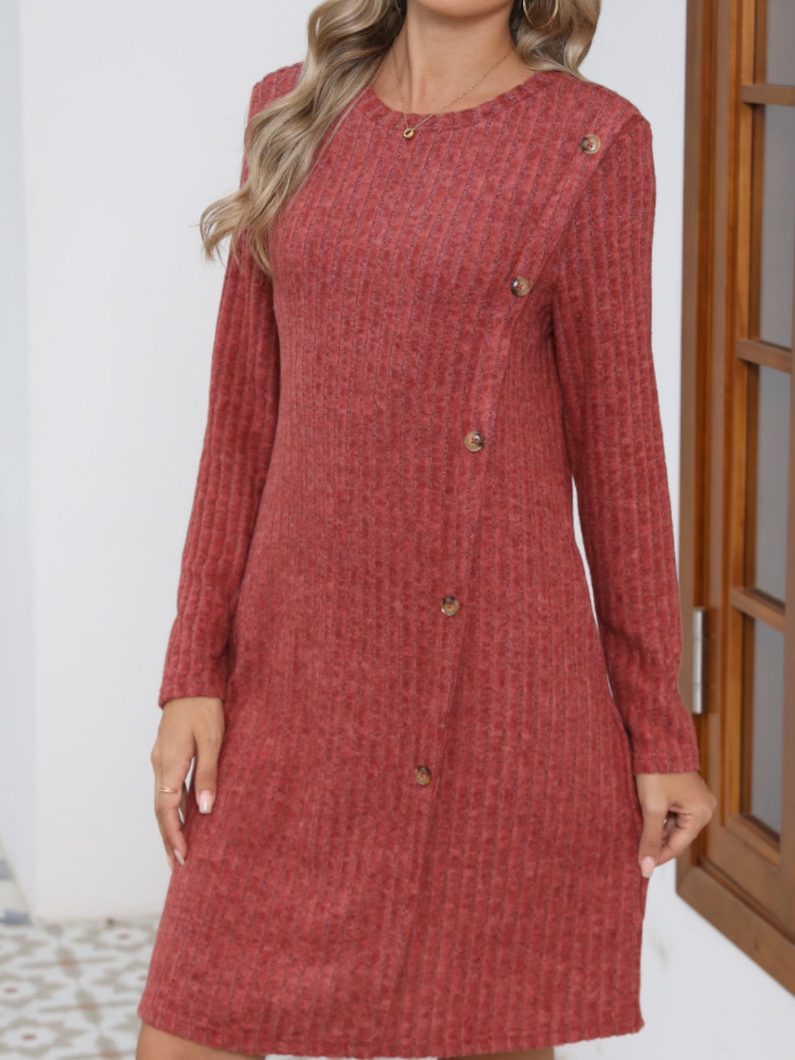 Decorative Button Round Neck Long Sleeve Dress